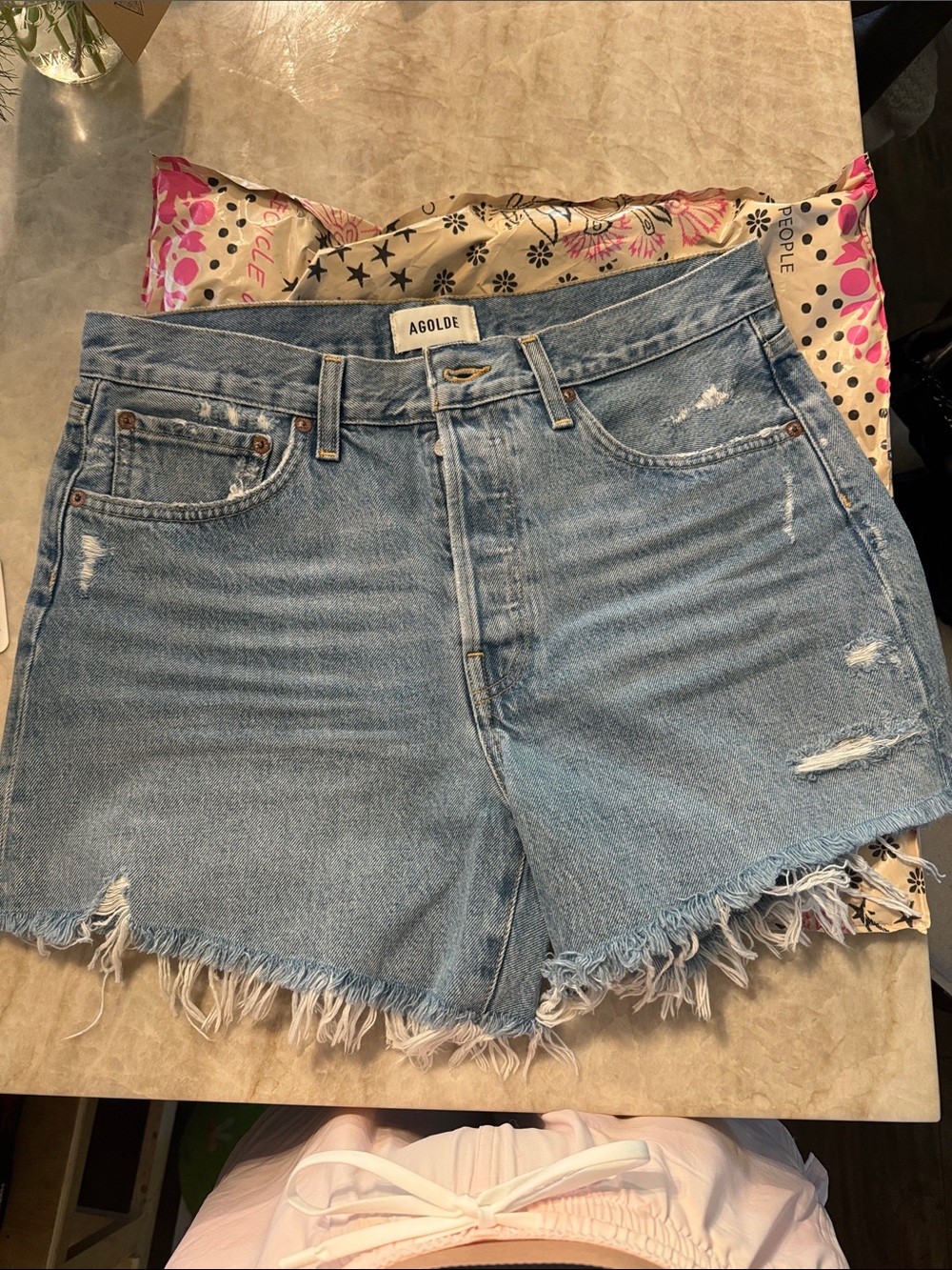 NWOT Agolde Light Blue Distressed Denim Cutoff Shorts